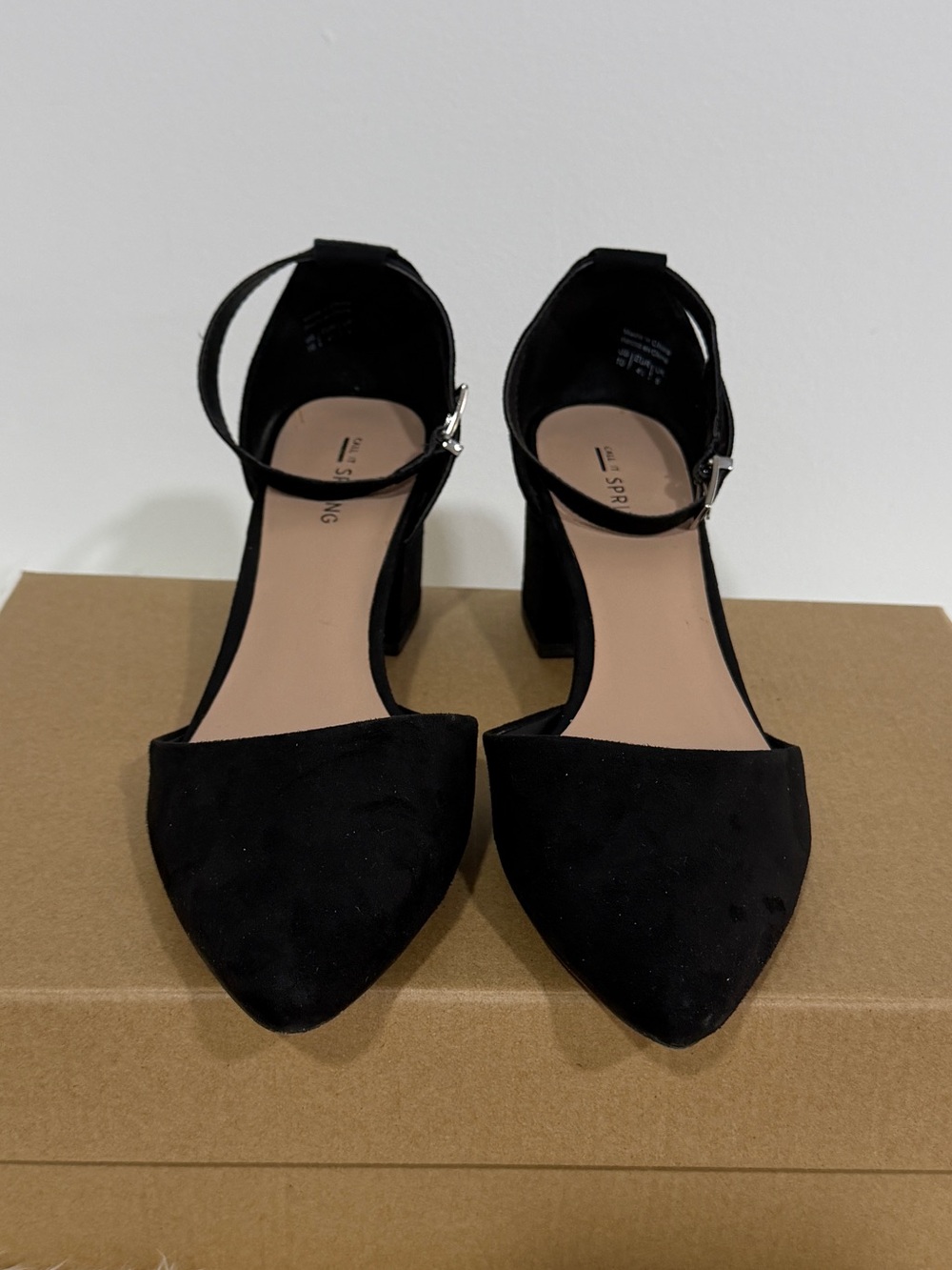 Call It Spring Black Pointed-Toe Ankle-Strap Block Heels